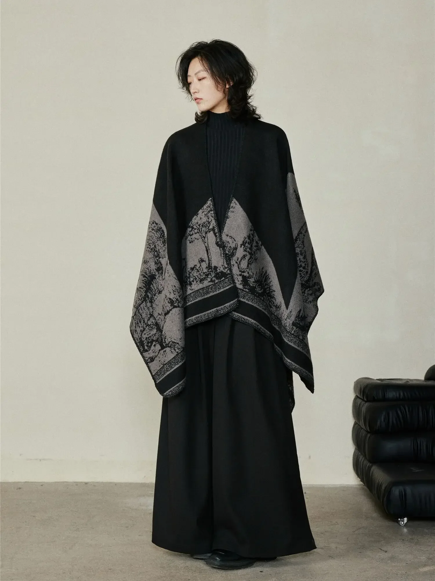 UMI MAO Yamamoto Dark Scarf Unique Design Split Big Cape Autumn Winter Warmth Double Sided Knitted Cloak Overlaid With Winter