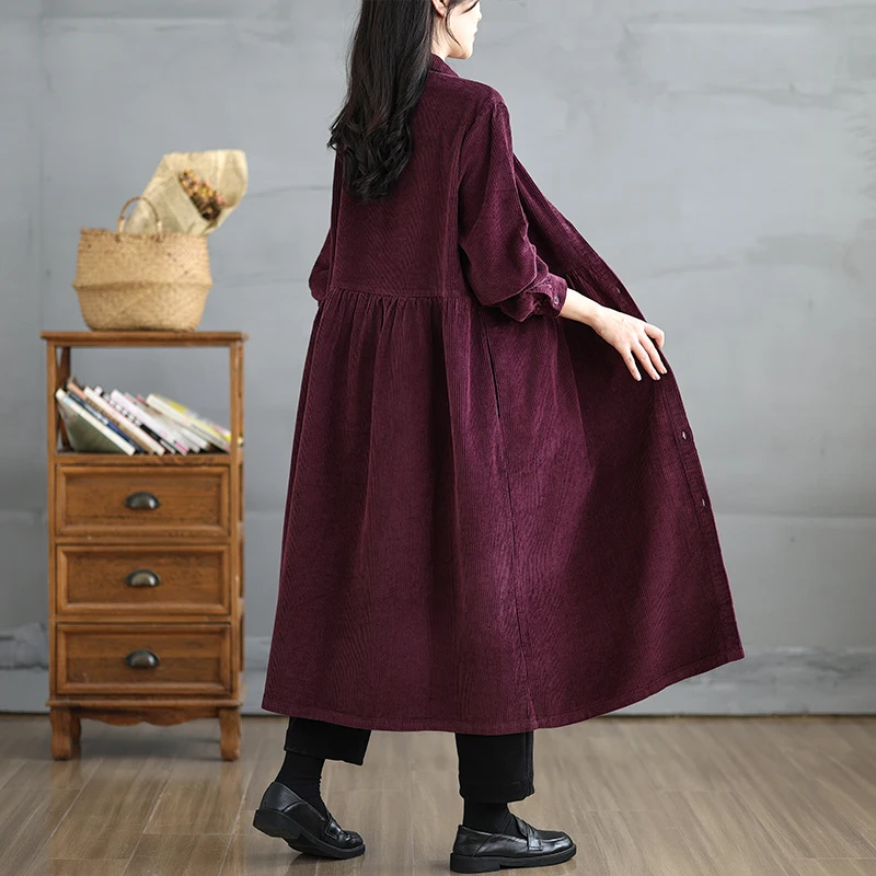 معطف نسائي طويل من القطيفة المضلعة بأسلوب عتيق، فضفاض ومخطط، معطف خارجي بزر واحد للخريف والشتاء، أزياء خارجية عصرية #5