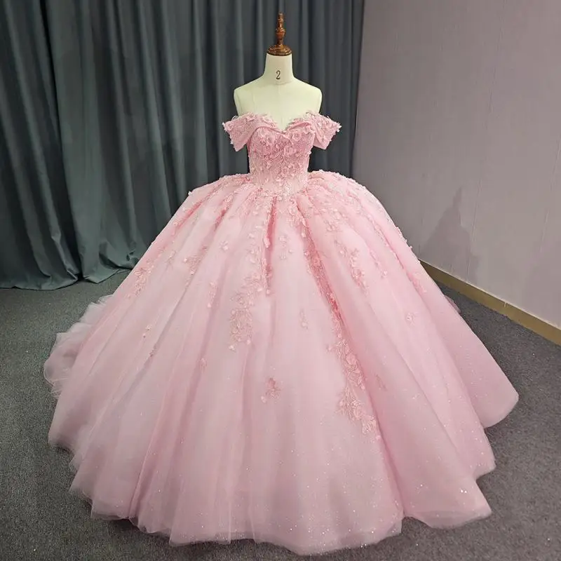 New Pink Wedding Dress Slim Fit Off Shoulder Colorful Yarn Ball Evening Dress Bride Engagement Dress Small Tail Customized