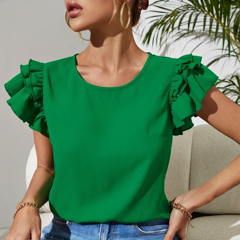 Elegant Casual Women Top Temperament Commuter Round Neck Comfortable Breathable Short Sleeve Ruffle Sleeves Trendy Female Blouse