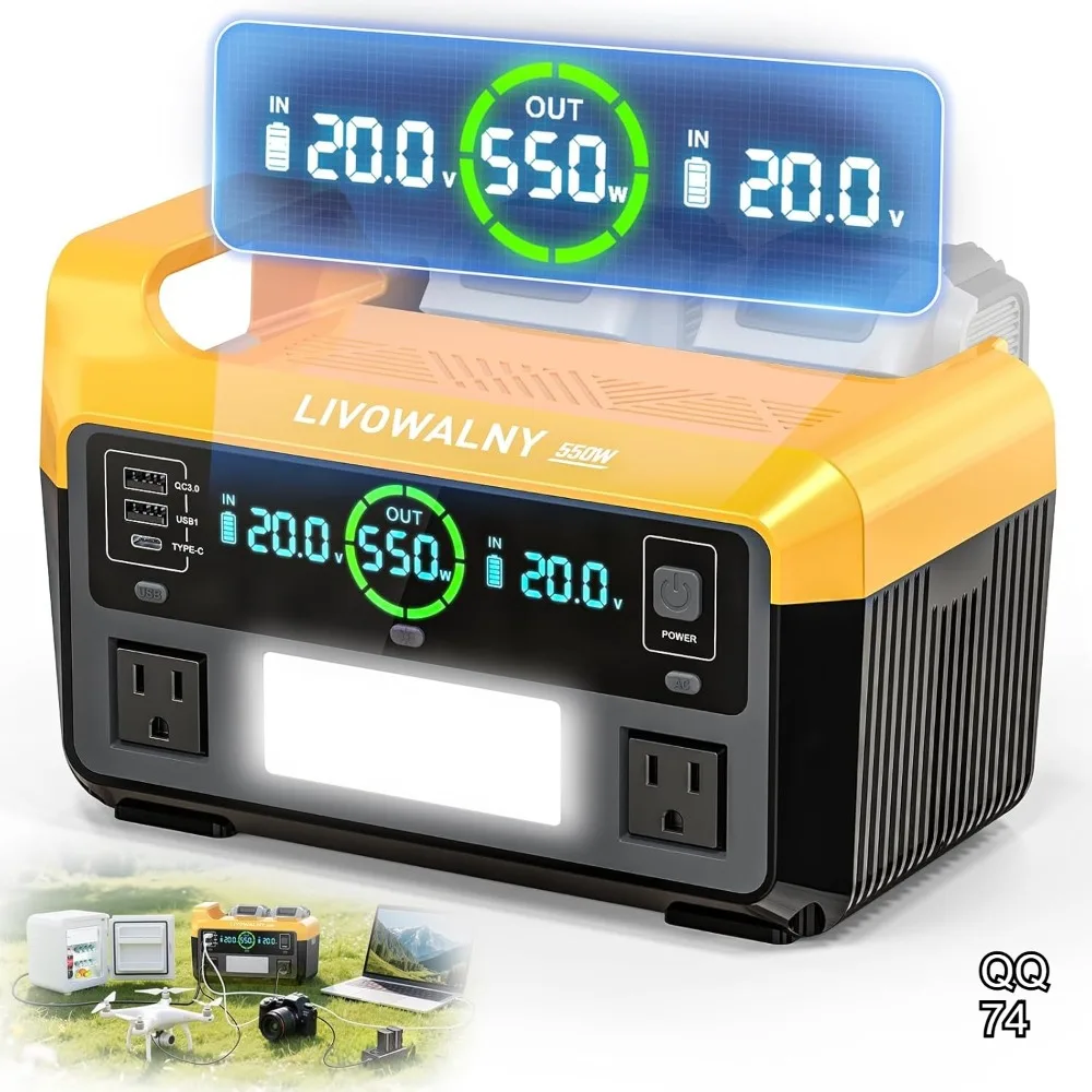 

Портативная электростанция 550 Вт с инвертором чистого синусоидального тока, 2 портами USB-A и 1 портом Type-C, 2 розетками переменного тока для зарядки телефонов и инструментов