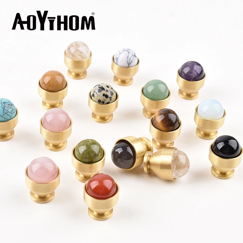 Natural Stone Round Door Knob Brass Gold Crystal Furniture Handles Shoe Cabinet Knobs Kitchen Cupboard Handle Drawer Pulls