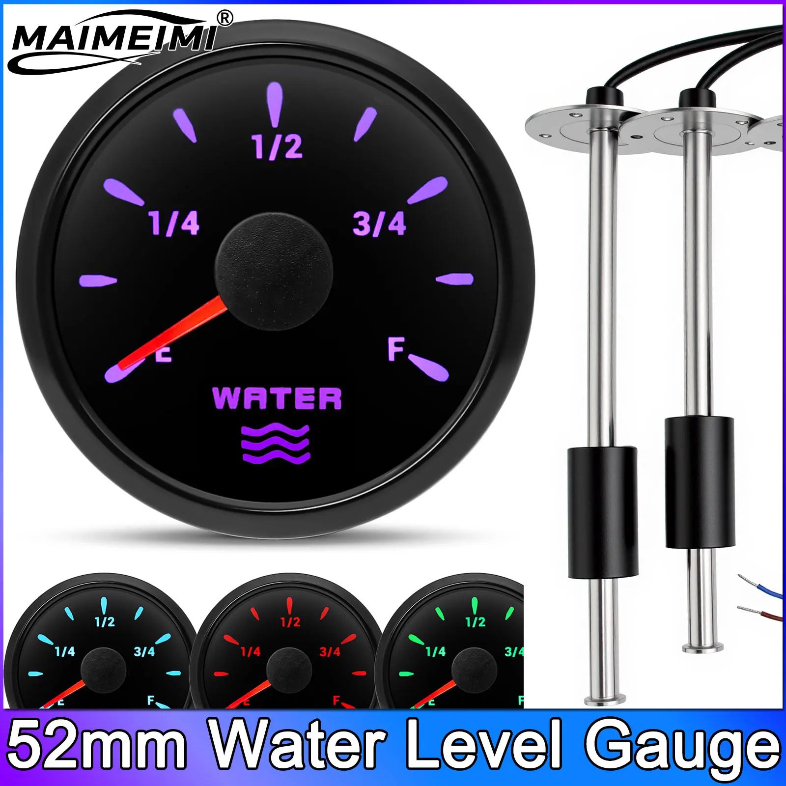 Marine Boat Water Level Gauge 52mm 7-color Backlight Pointer Fuel Gauge + 100MM-500mm Fuel Level Sensor Digital Car Gauge