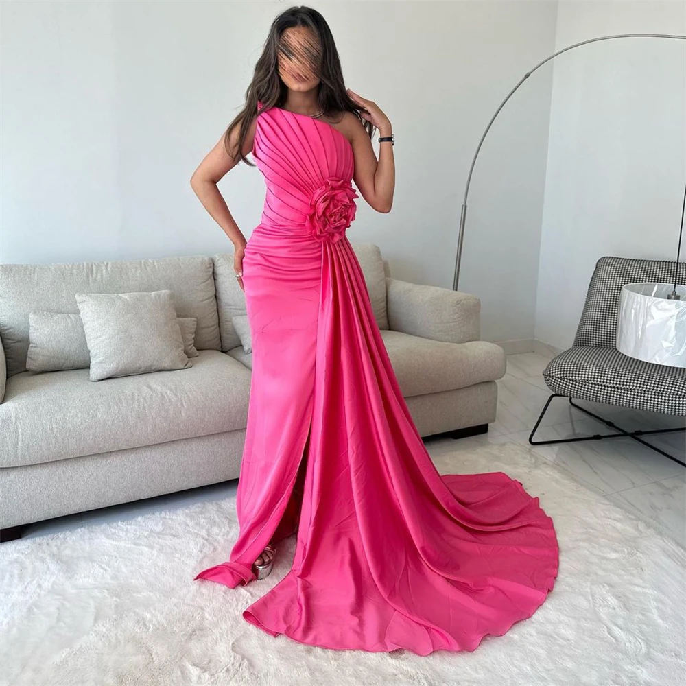 

Tarot Hot Pink Pleated Flower Prom Dresses Strapless Satin Mermaid Side Slit Formal Evening Dress Floor-Length Saudi فساتين سهرة