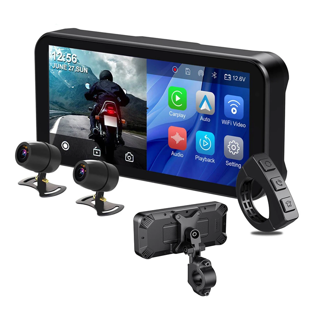 Motorcycle 6.25Inch Touch Screen Recorder DVR Dash Cam Dual 1080P Front And Rear Camera Support CarPlay/Android