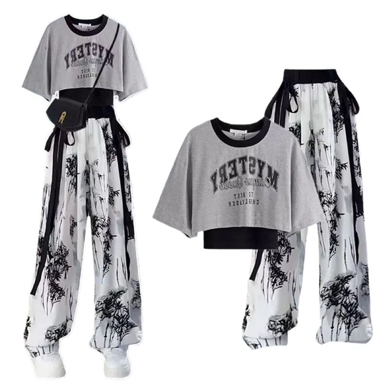 2024 Summer New Korean Style Short Sleeved T-shirt Top Ink Retro Printed Wide Feet Pants Two Piece Set Elegant Women's Pants Set