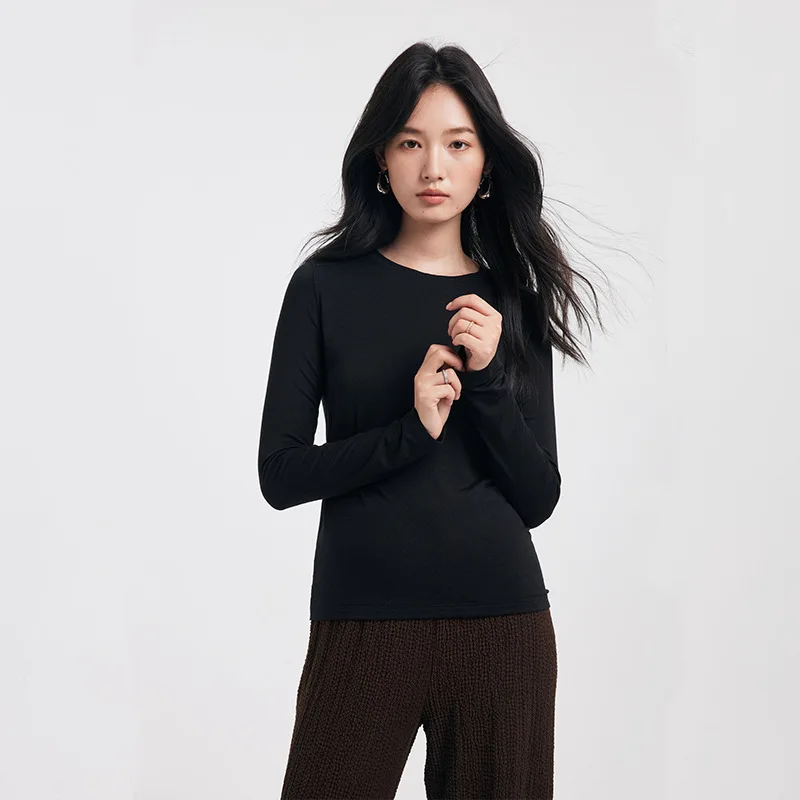  Wool Base Shirt Women's round Neck Long Sleeve Pure Color Knitted Warm Inner Wear Acetate Underwear Autumn Winter Top