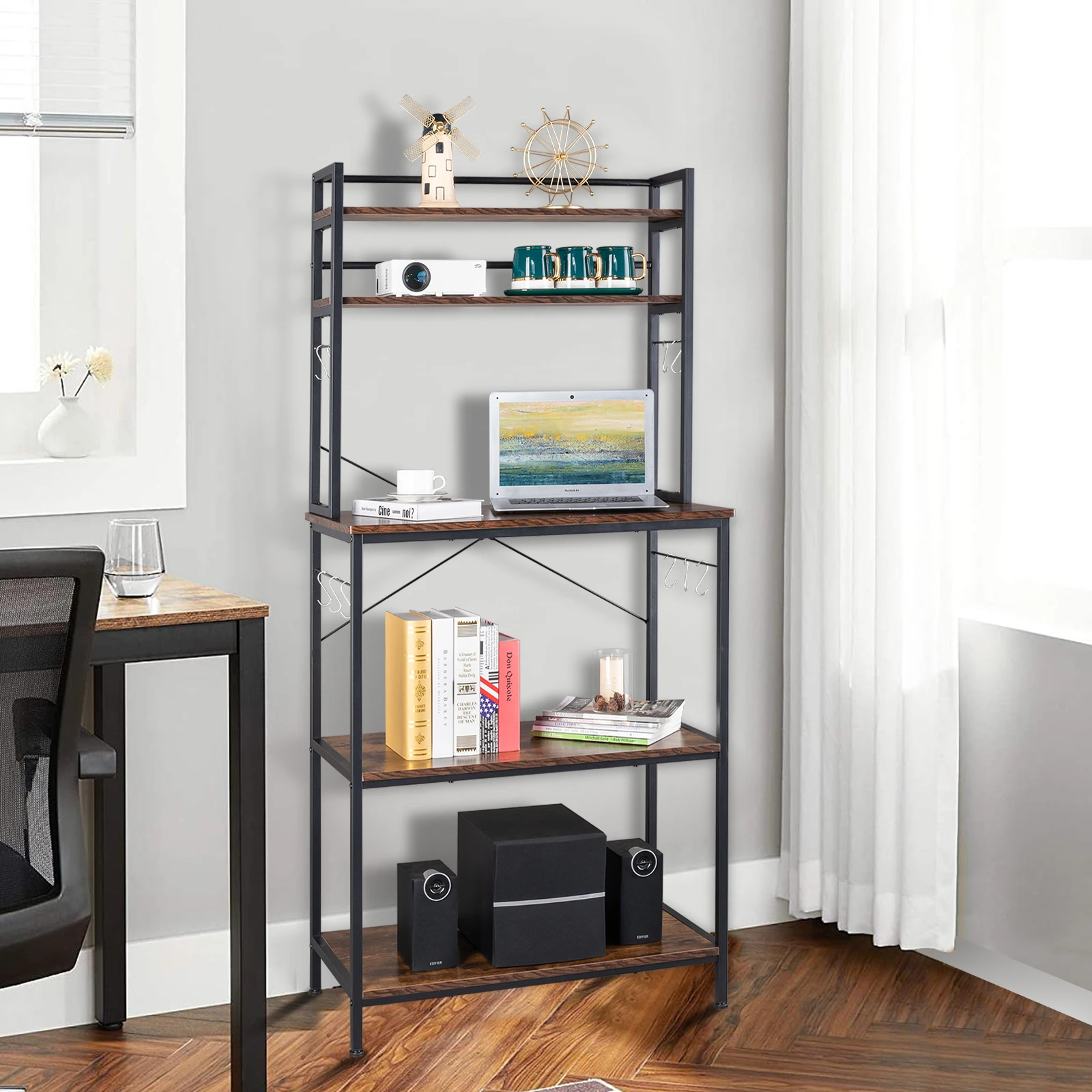 5-Tier Kitchen Bakers Rack with 10 S-Hooks, Industrial Microwave Stand, Free-Standing Kitchen Cart, Storage Shelf Organizer.