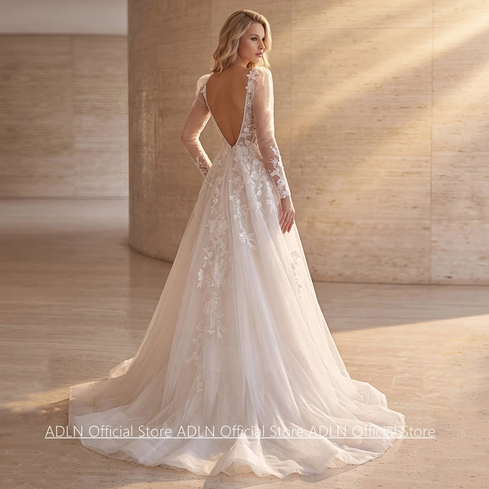 Customized Woman Wedding Dress Robe De Mariee Charming Long Sleeves V Neck Lace Applique Sweep Train Bride Bridal Gown
