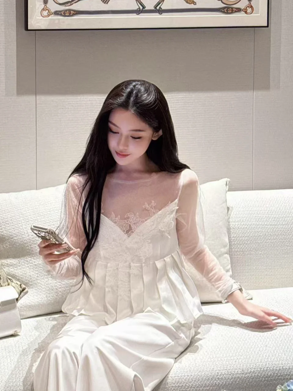 

Женский топ Youenbb с длинным рукавом, вышивкой, кружевом и тюлем, в стиле Ханьфу, прозрачный шифон с цветочным узором, летняя мода