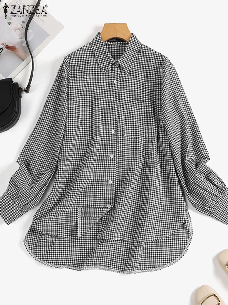 Muslim Tops For Women Spring Full Sleeve Plaid Checked Long Shirt Isamic Clothing ZANZEA Dubai Turkey Abaya Turkish Blouse 2023