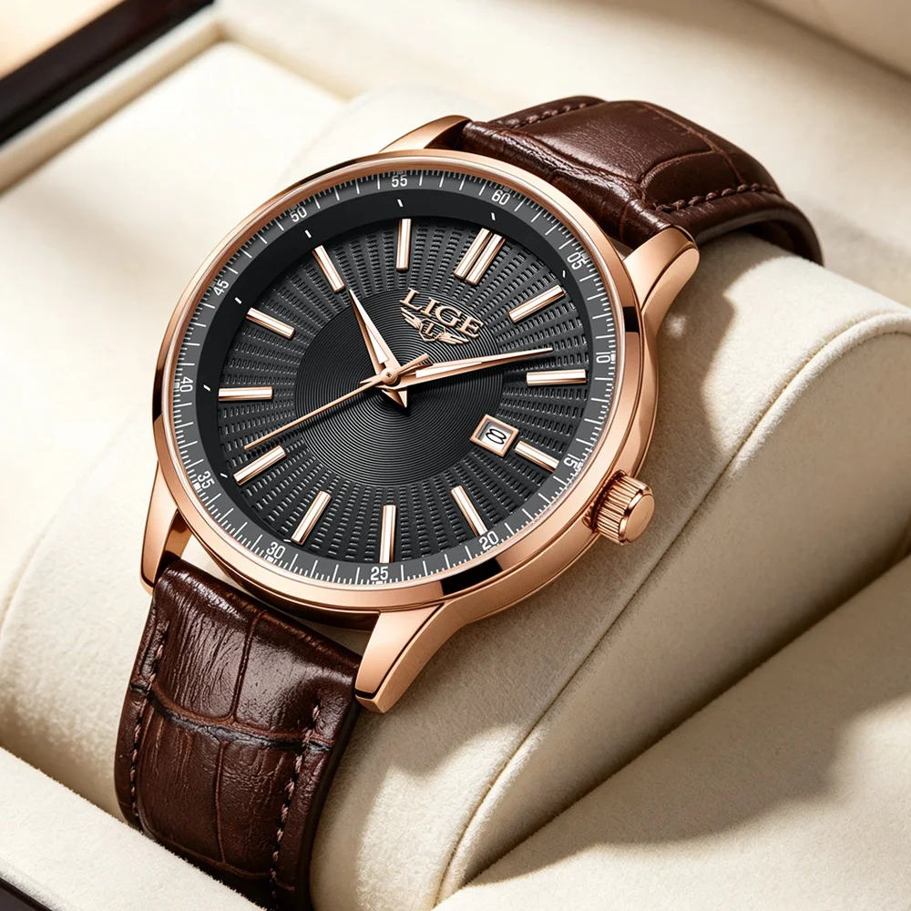 LIGE Top Brand Luxury Men's Watches Business Leather Quartz Wristwatch Waterproof Luminous Auto Date Watch for Man Gift Box