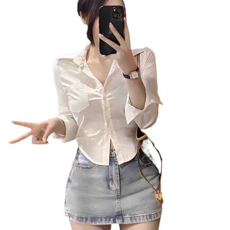 Poloshirt for Women Solid Color Blouse Collar Casual  Korean Long Sleeves Design Polo Tops Basic Fitted Women Shirt 2025 New