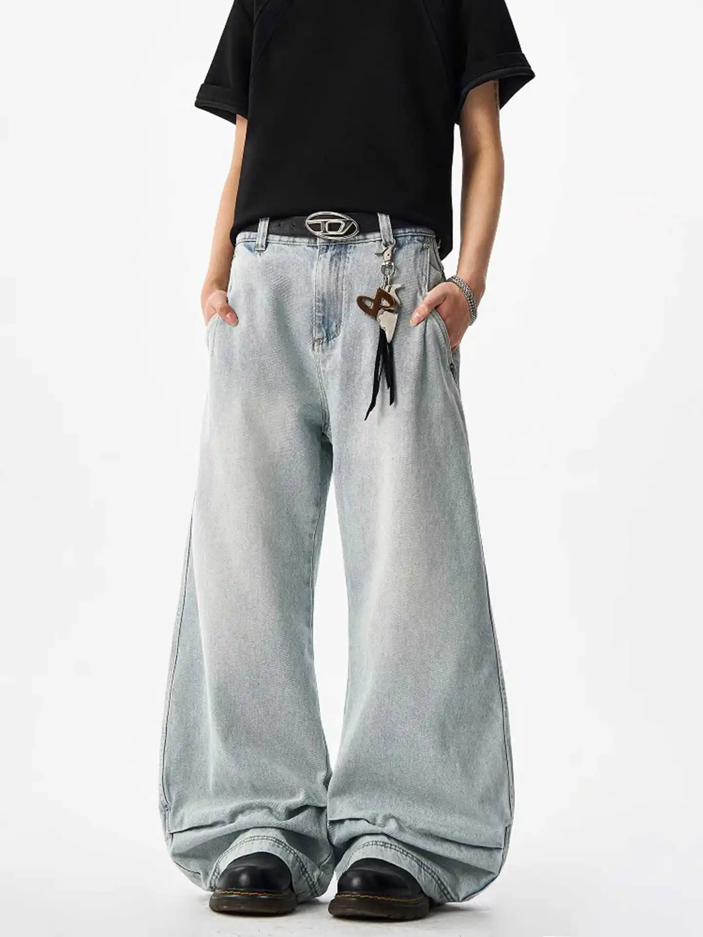 

High Street Hip Hop Men and Women Trendy Personality Straight Tube Washed Jeans Couple Loose Bent Knife Casual Pants