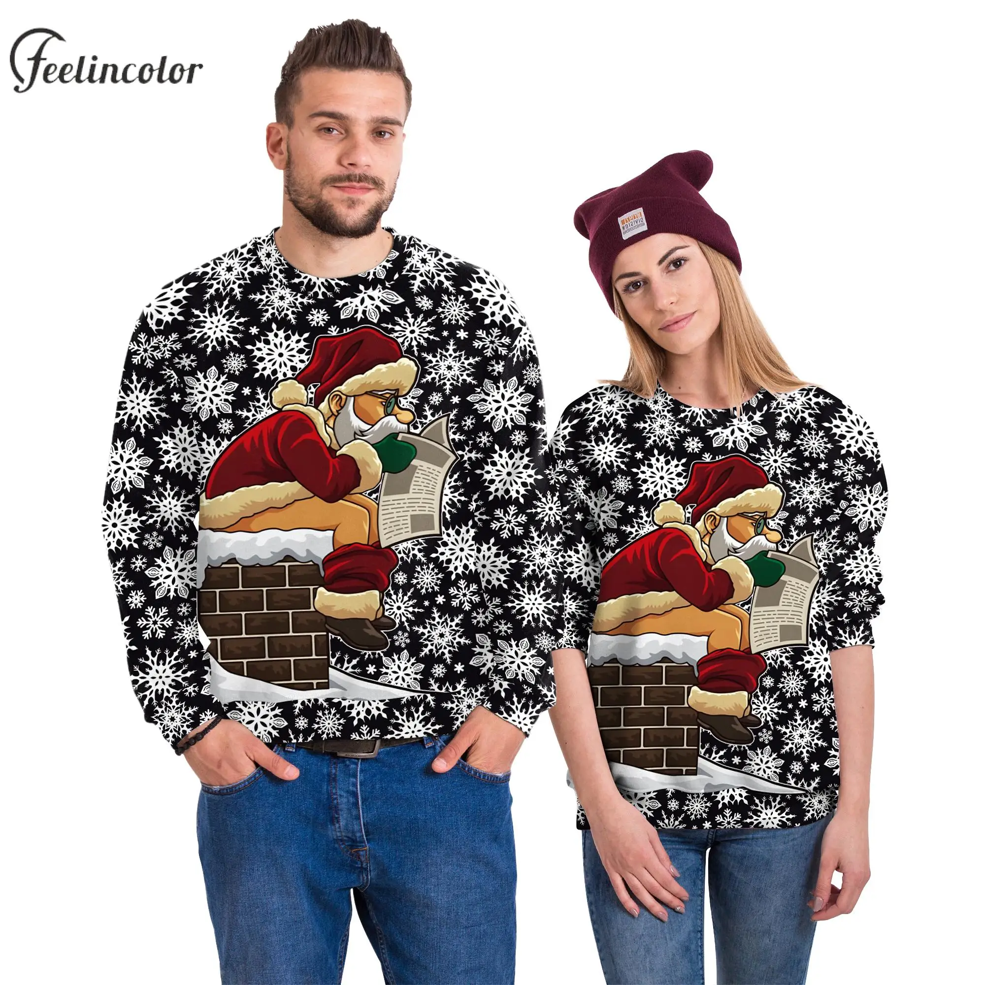 

Ugly Christmas Sweatshirts Santa Claus 3D Print Couple Pullover Xmas Oversized Long Sleeve Top Women Men Holiday Party Clothes