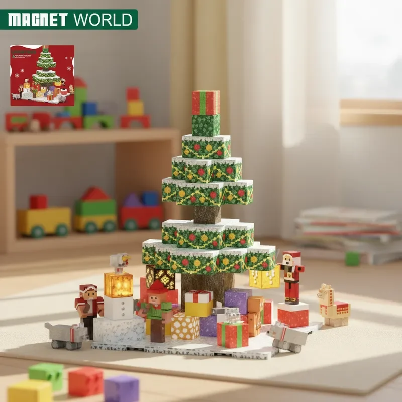 Kreatywne, edukacyjne, magnetyczne klocki konstrukcyjne STEM, Mój świąteczny świat z magnesami, prezenty na Boże Narodzenie i urodziny
