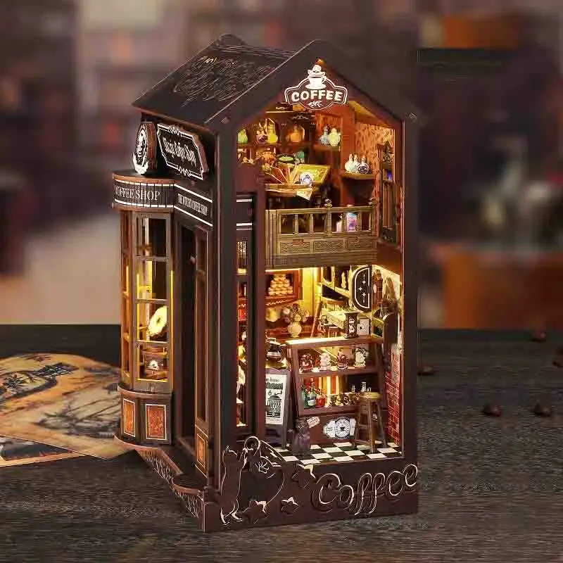 Diy livro nook prateleira inserir kits magia café estante de madeira modelo em miniatura kit artesanal estante para amigo presente aniversário