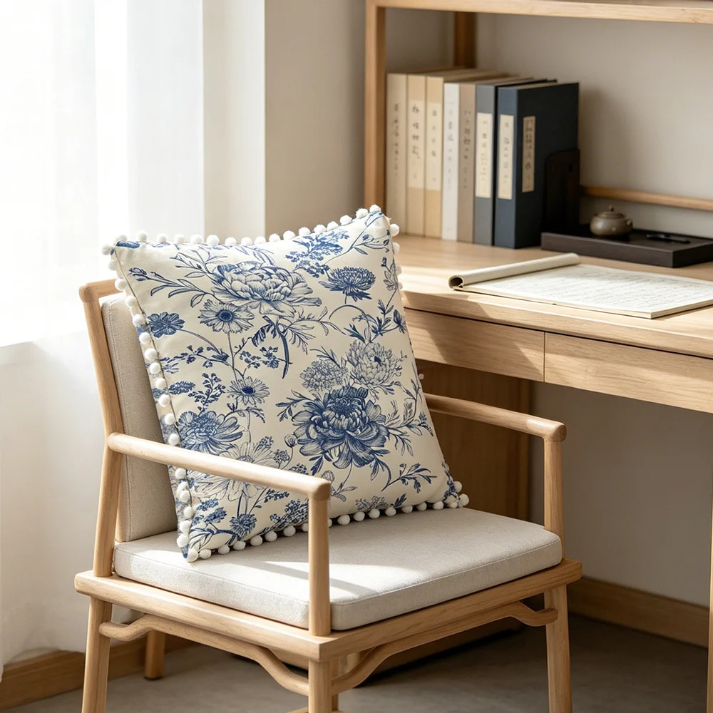 1 Jingdezhen ceramic printed pillowcase, fluffy tassel, blue and white decorative pillow, sofa, sofa, bedroom home decoration