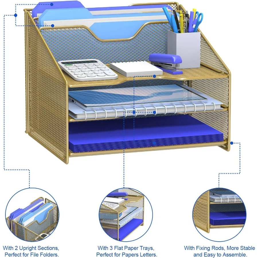 Gold Desk File Organizer with Mesh Letter File Folder Holder 3 Paper Trays and 2 Vertical Upright Sections for Efficient Office