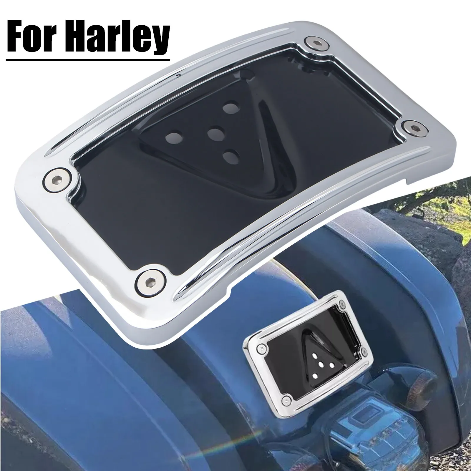 Billet Chrome CURVED Laydown License Plate Bracket Fit For Harley 3 Hole Mount