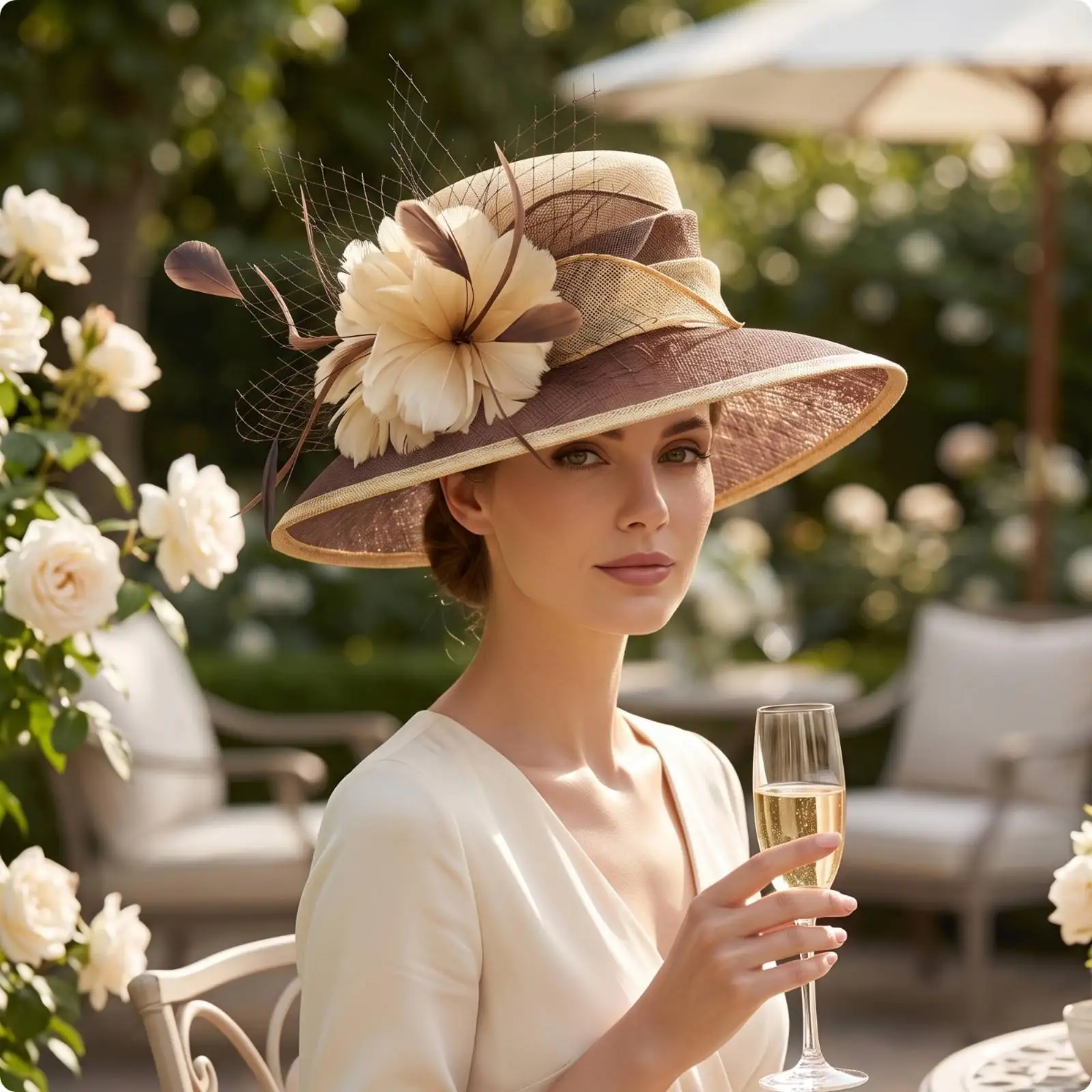 女性用日よけ帽子、洗練された花柄ネットのファシネーター、エレガントなウェディングハット、通気性があり軽量、ガーデンパーティーに最適