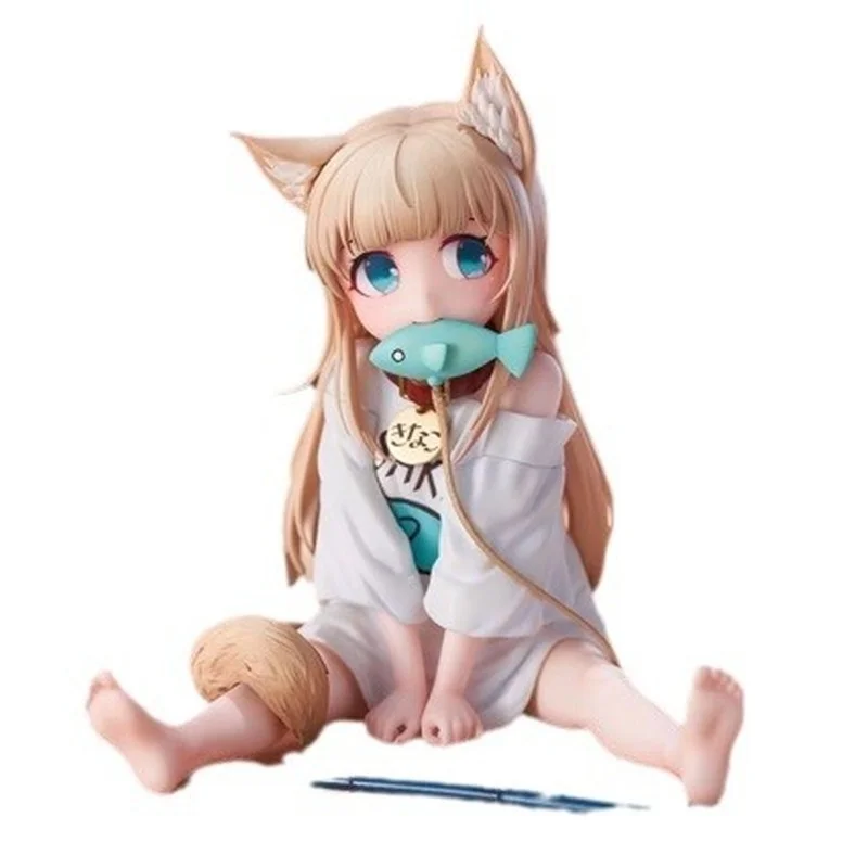 Anime Figure Cat Is A Kawaii Girl 8cm Pvc Hobby Soybean Flour Sit And Eat Fish Small Car Ornaments Model Doll Toys Box-Packed