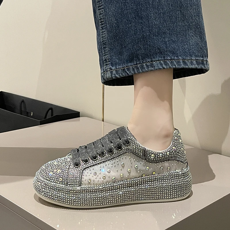 

4cm Women Sneakers Summer Mesh Lace-Up Casual Working Shoes Wearing Shoes High Brand Platform Wedge Bling Crystal Outside