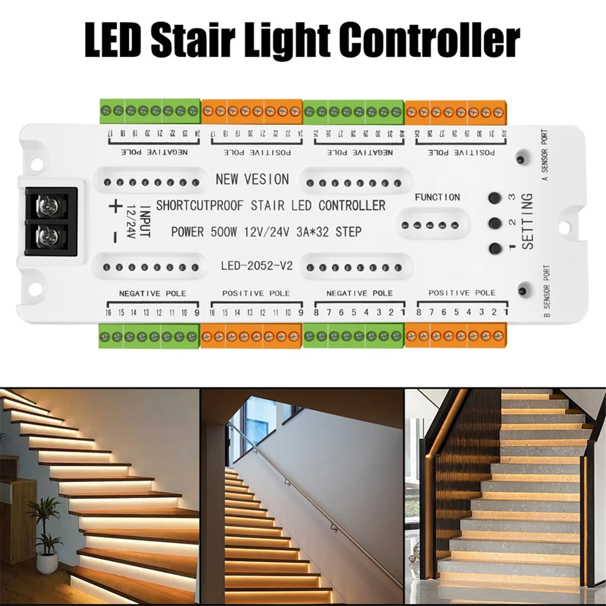 Luce del sensore di movimento a LED per scale DC12V/24V luce notturna a scala 32 canali per prevenire il Controller di cortocircuito