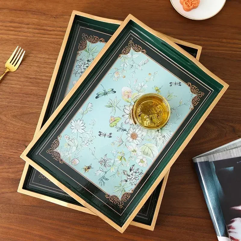 Coffee Green Tray Service Painted Decoration Flowers Plate Tea Tray Table Nordic Living Room Furnishings Wooden Decoration Home