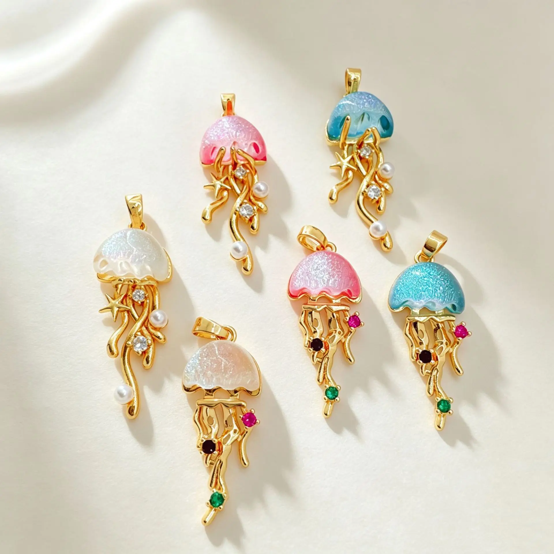 Jellyfish Shell Zircon Charms Gold Plated Pearl Inlaid Ocean Animal Pendant DIY Bracelet Necklace Jewelry‑Making Accessories