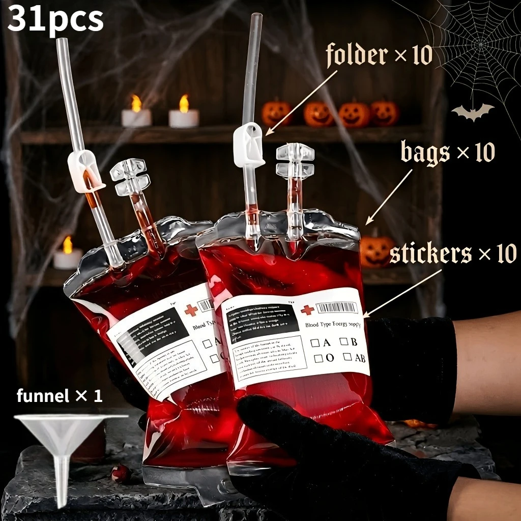 31pcs Reusable Halloween Blood Bag Vampire Zombie Party Decoration,Horror Halloween Party Supplies,Cosplay Makeup Props