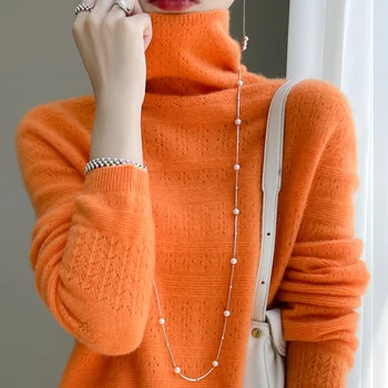 Feminino clássico australiano pura lã malha suéter, pulôver com gola sem costuras, manga comprida, casual, alta qualidade, básico, novo, YSC2024