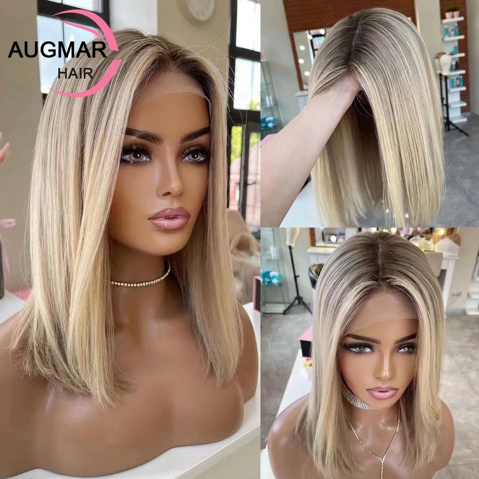 Wig depan renda dasar sutra 13x4 Wig sorot HD coklat abu pirang Wig rambut manusia renda Frontal Wig rambut manusia Bob pendek untuk wanita