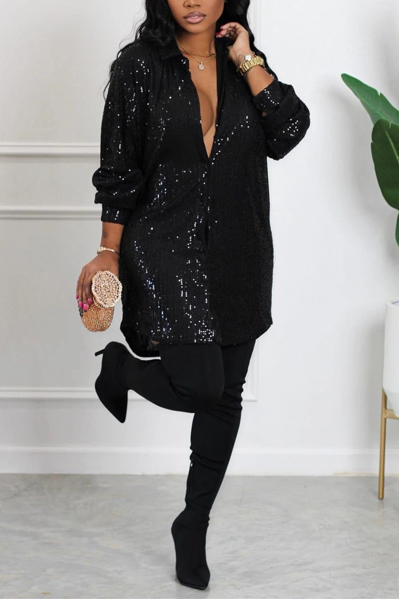 Plus Size Casual Black Sequin V Neck Long Sleeve Shirts