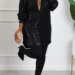 V-Ausschnitt Mango Mango Pailletten Schweiß, lässige schwarze Hemden, Plus Size 10 Hauptverkäufe Black Plus Size Bluse - №5