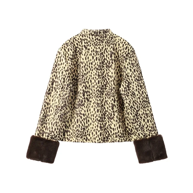 2026 Herbst Winter Sexy Leoparden-Fell-Patchwork-Jacke Damen Schick Langarm Bedruckt Schmal Geschnitten O-Ausschnitt Knopf-Mäntel Damen Oberbekleidung Neu – Detail 10