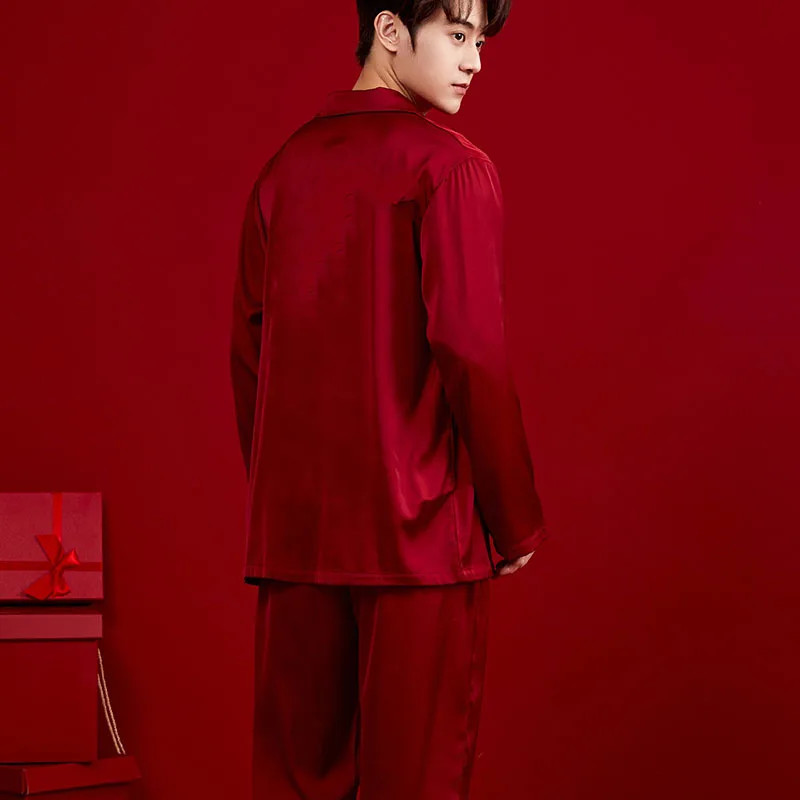 Spring Autumn Red Satin Female Male Couples Wedding Pajamas Sets Fashion Women Men Lovely Ice Silk Sleepwear