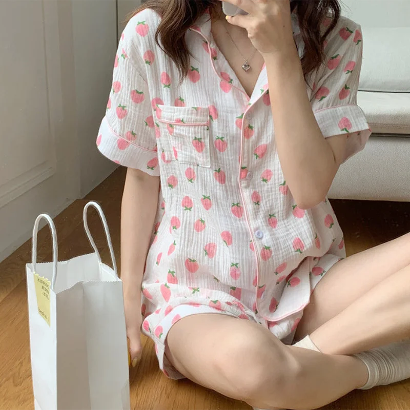 100% Cotton Summer Pajamas Set Women Single Breasted Shirts Tops + Shorts Kawaii Strawberry Pink Sleepwear Casual Home Suit Soft