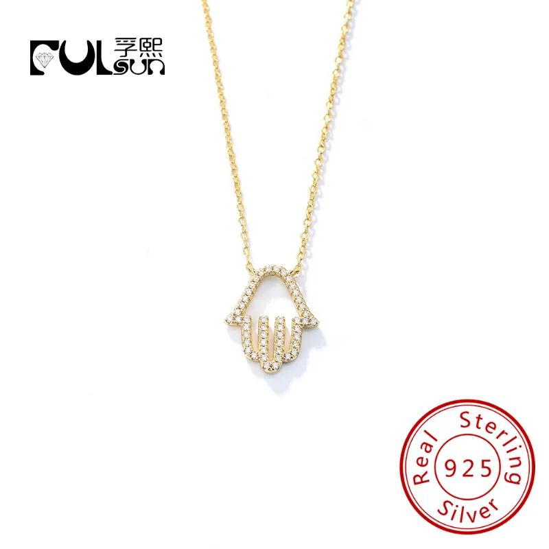 

layering clap Hamsa Hand 925 silver Necklace Gold Plated Hollow Cubic Zirconia Pendant gold plated necklace