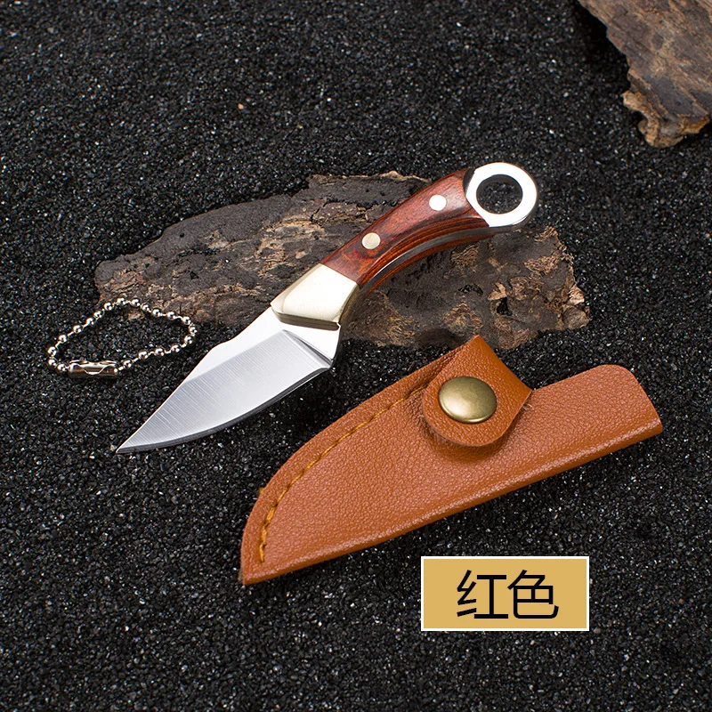Wooden Handle Small Straight Knife Outdoor Camping Sharp Self-defense Fruit Knife Hand Meat Knife Unwrap Mini Pendant Gift Knife