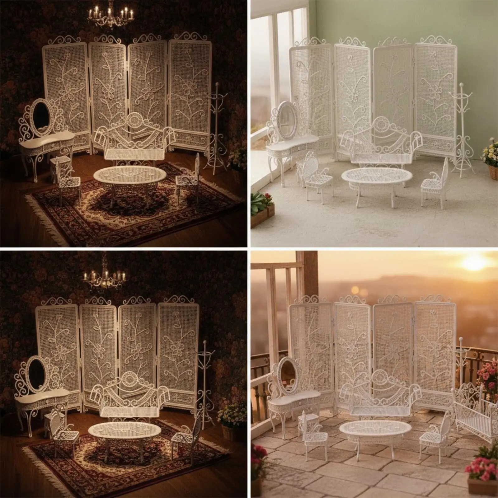 9 Piece Iron Wire Miniature Furniture Collection Dollhouse Props with Folding Screen and Daybed for Creative Display