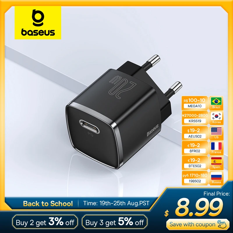 

Зарядное устройство Baseus USB Type-C, 20 Вт, с поддержкой быстрой зарядки