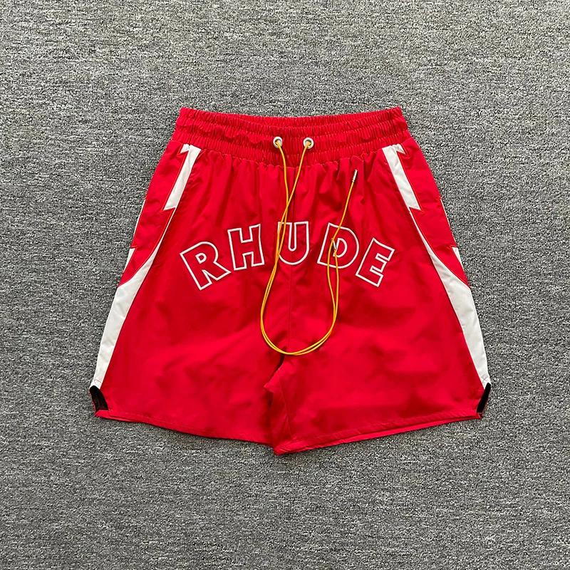 RHUDE Men Casual Shorts Stylish Quick Dry Swim Shorts Front Letter Logo Yellow Pull String Loose Summer Street Short Pants