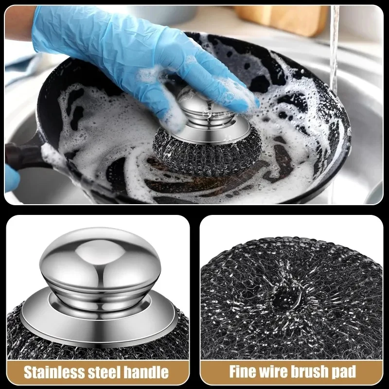 Edelstahl Topfbürste mit Griff robuste Metalldrahtkugel Reiniger Hochleistungs Reinigungswerkzeug für Geschirrspülung langlebig für Hausküche entfernt angebrannte Rückstände an Töpfen Pfannen Küchenutensilien vielseiti – Detail 8