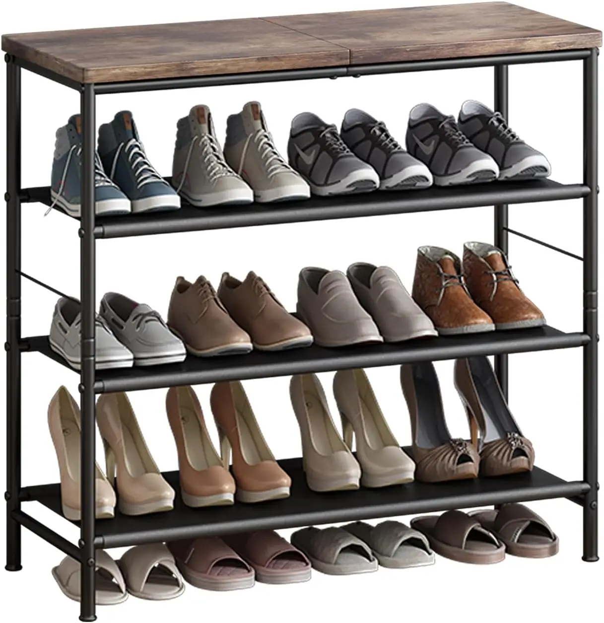 

4-Tier Industrial Shoe Rack – Metal Frame with MDF & Fabric Layers (Black + Rustic Brown)