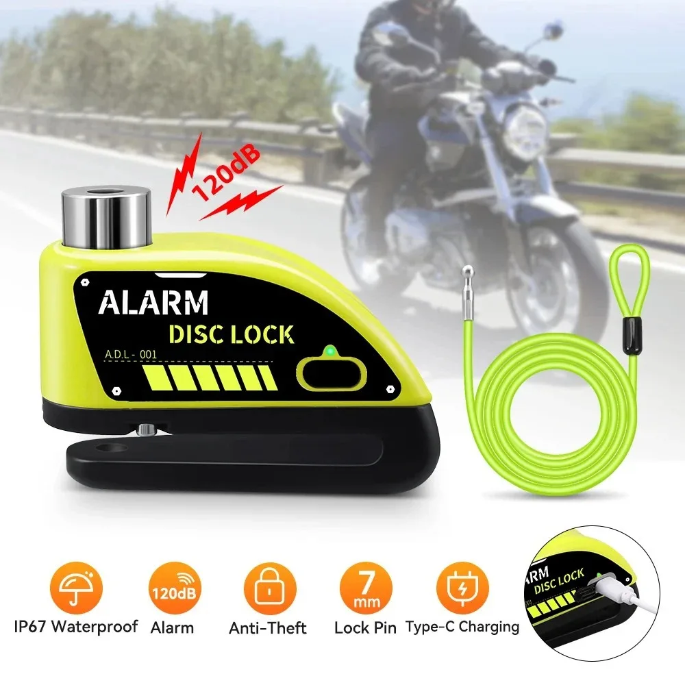 

Bloopow Motorcycle Lock Rechargeable 120dB Alarm Disc Brake Locks Anti-Theft Security Wheel Disc Lock Waterproof with 1.8M Cable