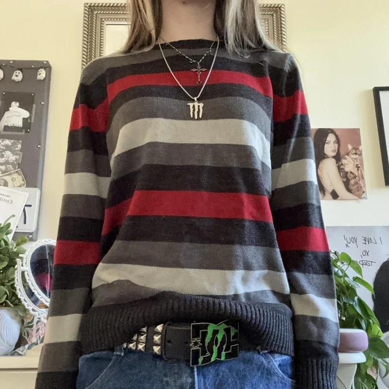 Женский пуловер с длинным рукавом Y2k, винтажный свободный трикотажный пуловер в полоску в стиле гранж, осень