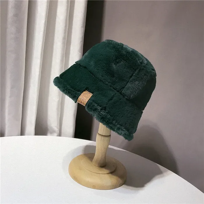 

Winter trendy furry pot hat, leopard print dark green bucket hat average size (56-58cm)