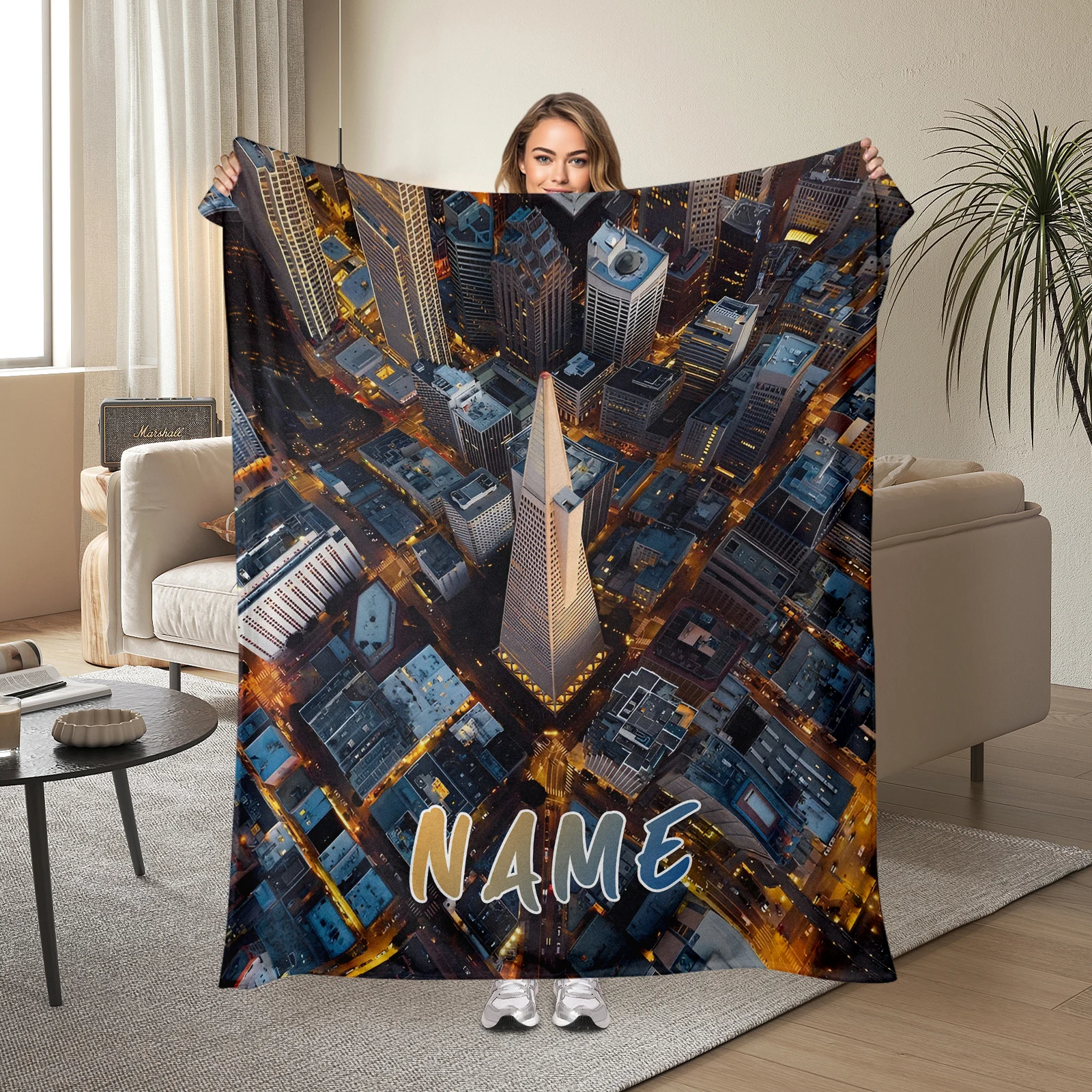 

Custom Flannel Blanket Featuring San Francisco'S Transamerica Pyramid With Personalized Names