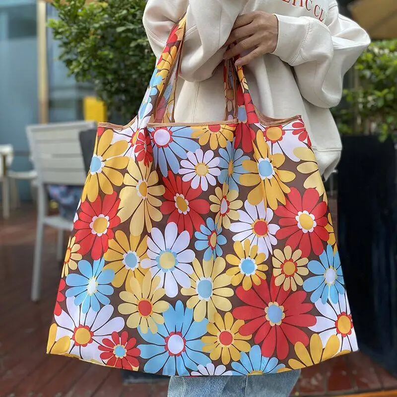 Large Capacity Solid Color Drawstring Bag Supermarket Shopping Bag Foldable Portable Tote Bag Shoulder Bag